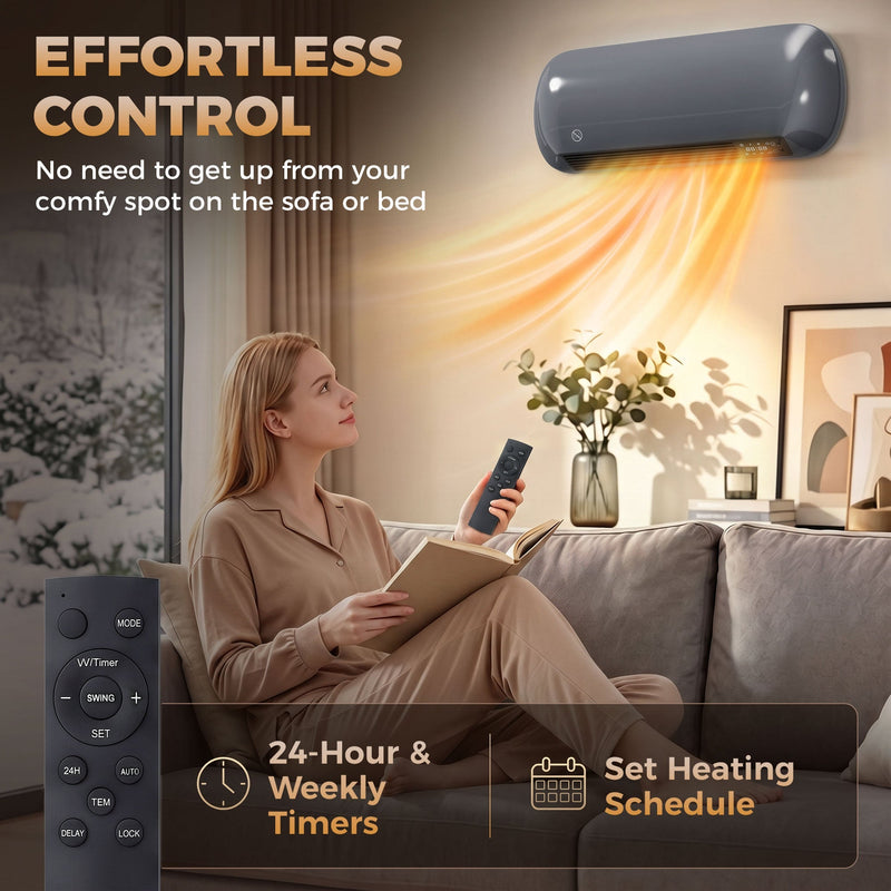 Woman on a sofa using the heater remote, with its 24-hour and weekly timer buttons shown