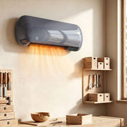 Grey wall heater mounted in a workshop above a wooden bench with a tool pegboard