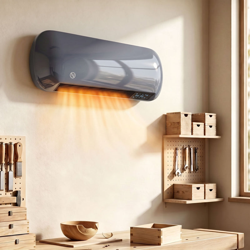 Grey wall heater mounted in a workshop above a wooden bench with a tool pegboard