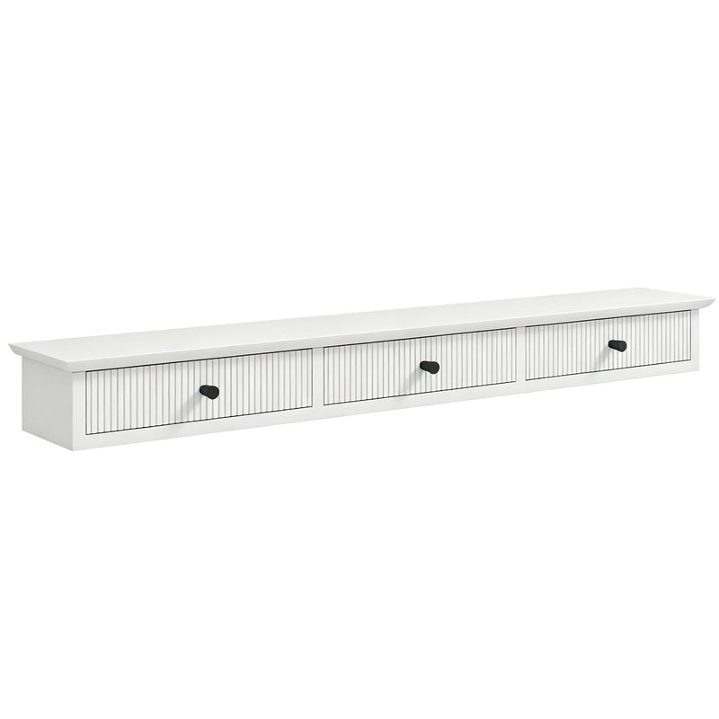 White wall mounted hallway shelf with 3 fluted drawers and black knobs on a white background