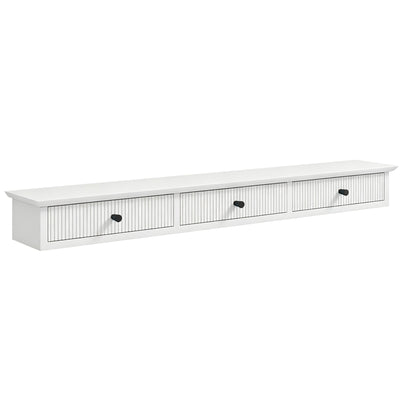 White wall mounted hallway shelf with 3 fluted drawers and black knobs on a white background