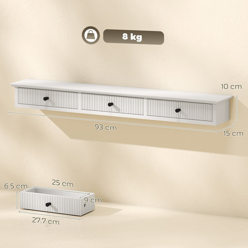 Dimensions diagram of the white shelf measuring 93 by 15 by 10 cm with 8 kg capacity