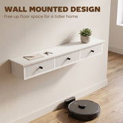 White wall shelf holding a letter, keys and a succulent with a robot vacuum passing below