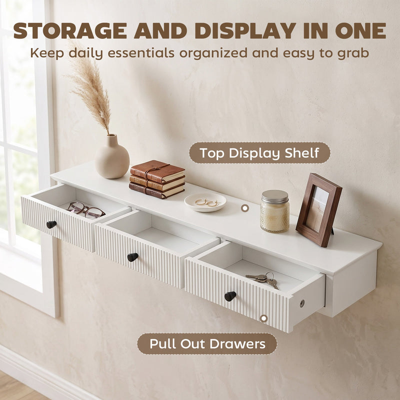 White shelf with all 3 drawers pulled open showing glasses and keys stored inside