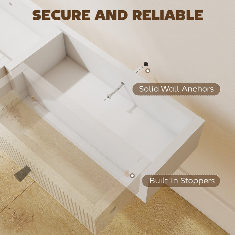 Close-up inside a white drawer showing the wall anchor fixing and built-in drawer stopper