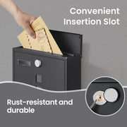 Hand posting a large envelope through the slot under the raised top lid, with a lock and key inset