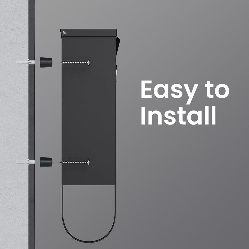 Cutaway side view showing the mailbox screwed to a wall with two fixings, captioned Easy to Install