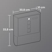 Dimensions diagram showing 30.8 cm width, 33.8 cm height and 10 cm depth