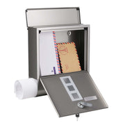 SONGMICS wall-mounted mailbox with top lid open showing letters and the newspaper compartment