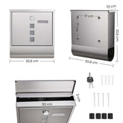 Dimensions diagram of the SONGMICS wall-mounted mailbox, 30.8 x 33.8 x 10 cm, with included mounting hardware