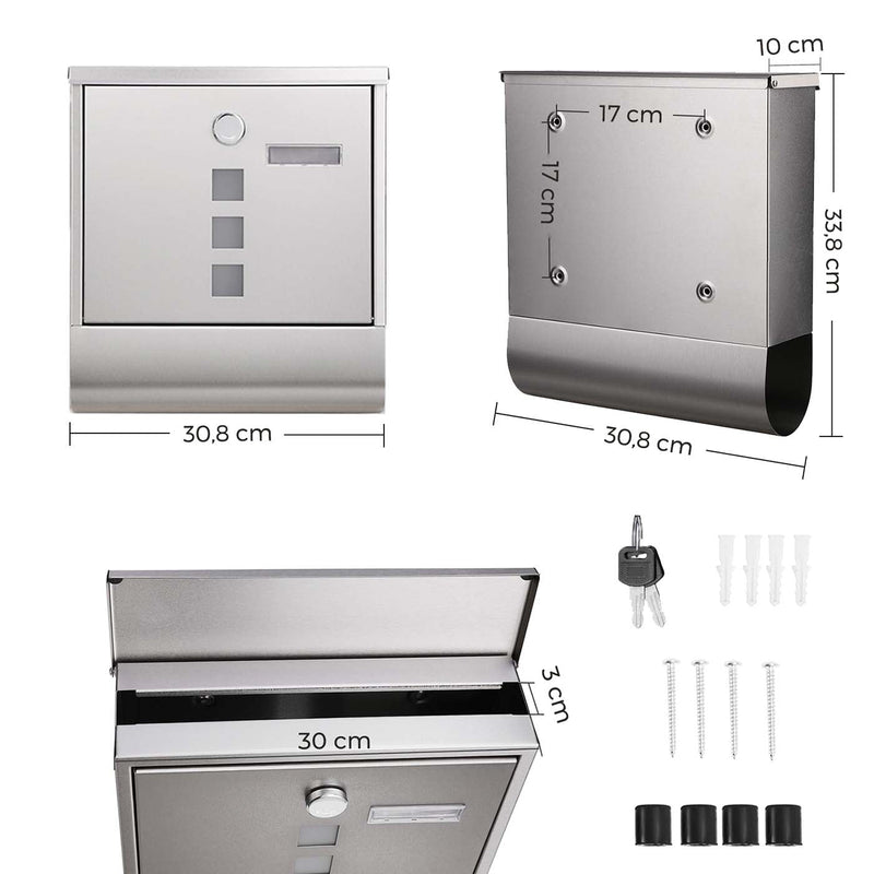 Dimensions diagram of the SONGMICS wall-mounted mailbox, 30.8 x 33.8 x 10 cm, with included mounting hardware