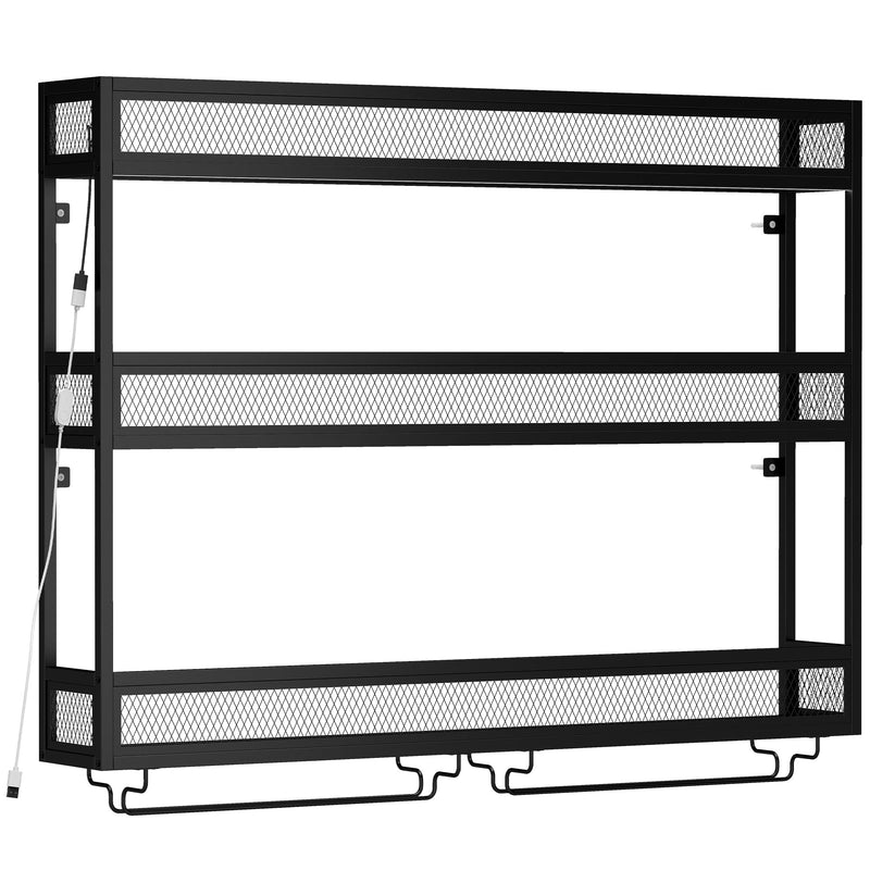 HOMCOM black wall-mounted wine rack, empty studio shot showing the three-tier metal frame with mesh sides