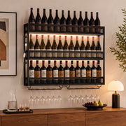 Wine rack mounted on a dining room wall, filled with bottles and lit by the built-in LED strip