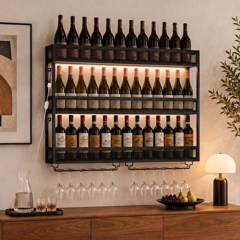 Wine rack mounted on a dining room wall, filled with bottles and lit by the built-in LED strip