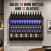 Graphic showing the wine rack holds 36 wine bottles and 12 glasses