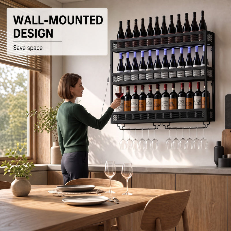 Woman reaching for a wine glass from the wall-mounted rack in a kitchen dining area