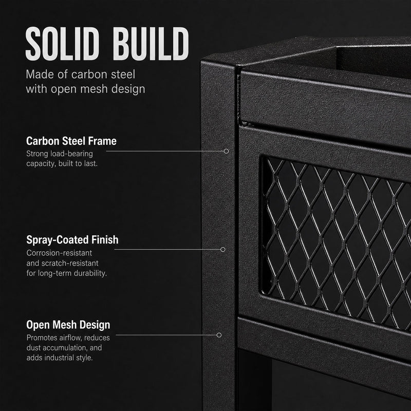 Close-up of the carbon steel frame and open mesh side panel