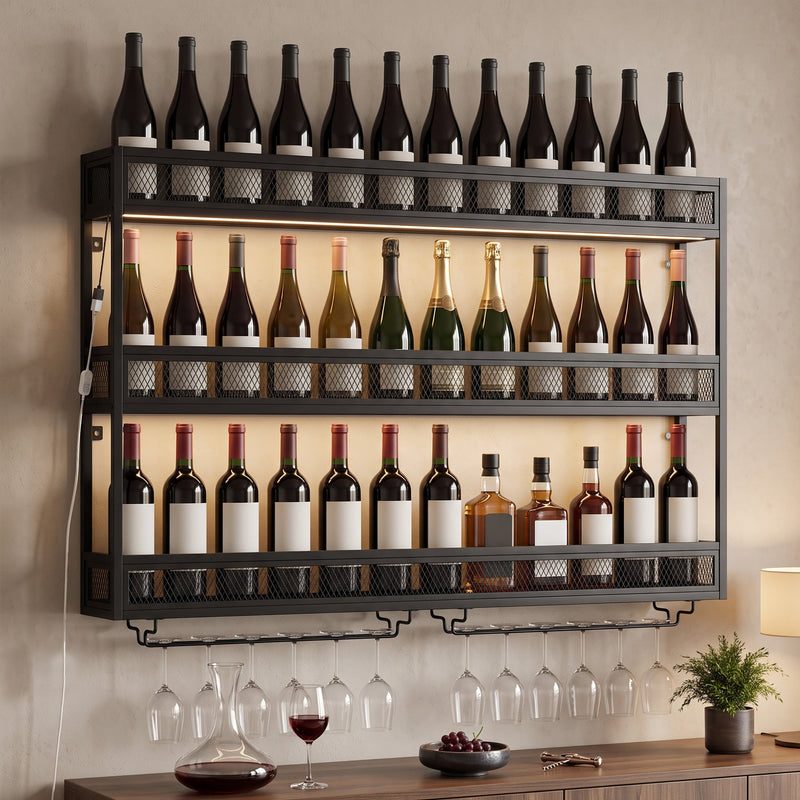 Wine rack styled above a sideboard with a variety of red, white and sparkling wine bottles
