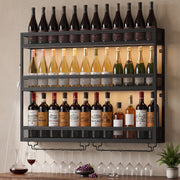 Wine rack filled with red, white and sparkling wine bottles, with glasses, grapes and a decanter below