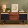 Walnut and brass sideboard styled in a living room setting