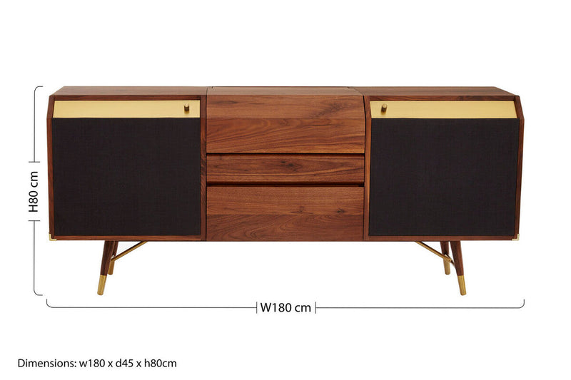 Dimensions diagram for the walnut and brass sideboard, 80H x 45D x 180W cm