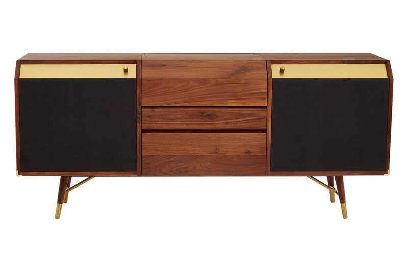 Walnut and brass sideboard on a plain background, front view