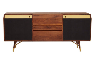 Walnut and brass sideboard on a plain background, front view