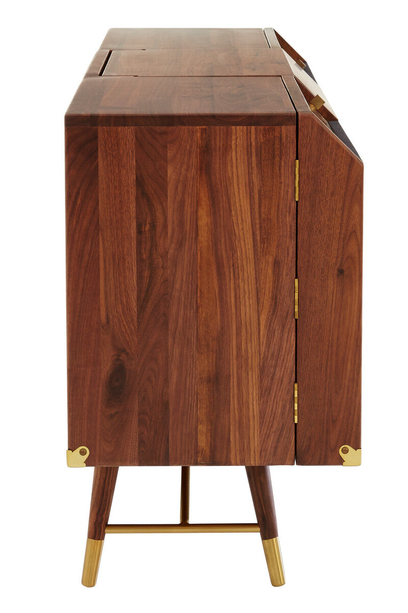 Walnut and brass sideboard studio shot, doors closed