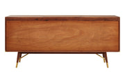 Walnut and brass sideboard studio shot with doors open showing storage compartments