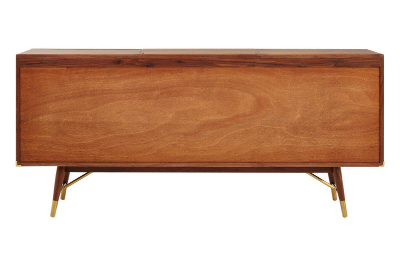 Walnut and brass sideboard studio shot with doors open showing storage compartments