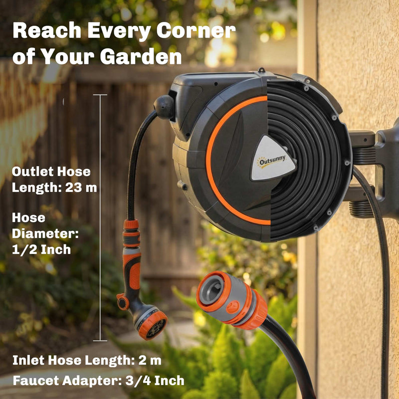 Automatic Garden Hose Reel for Tangle-Free Watering with 23m Retractable Hose Orange Outsunny