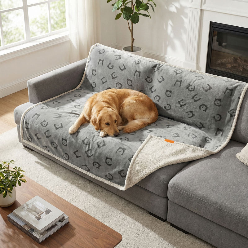Blanket draped over a grey sofa seat and back cushions with a dog resting on it