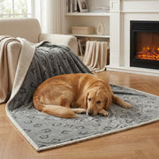 Dog lying on the blanket on the floor in front of a lit fireplace
