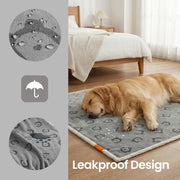 Close-up of water droplets beading on the fabric beside a waterproof icon, with a dog on a bed