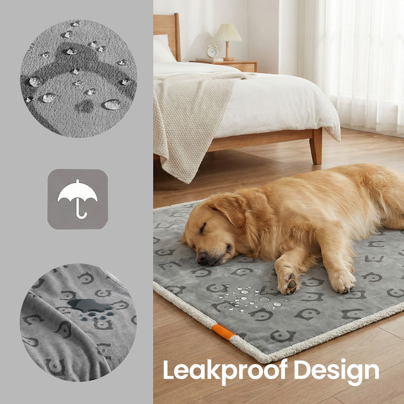 Close-up of water droplets beading on the fabric beside a waterproof icon, with a dog on a bed