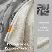 Detail of the grey flannel side folded against the cream sherpa fleece side