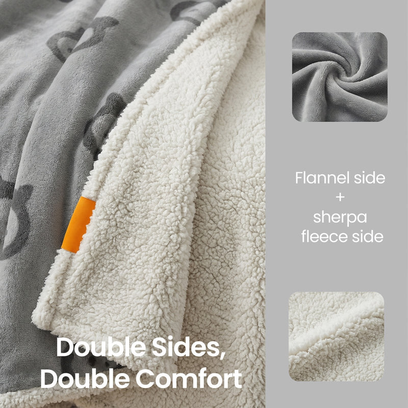 Detail of the grey flannel side folded against the cream sherpa fleece side
