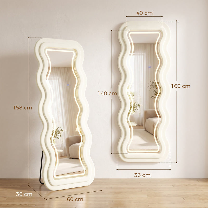 Dimension diagram of the wavy mirror showing 160 x 60 cm overall size and 140 x 40 cm mirror glass