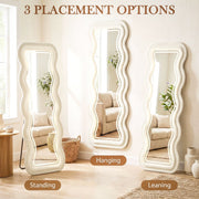 Three wavy mirrors shown standing, hanging and leaning to illustrate placement options