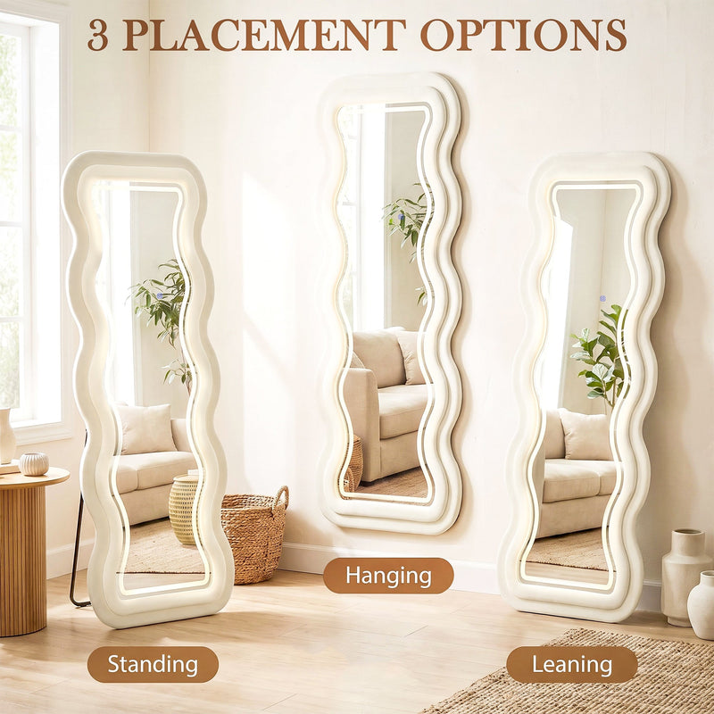 Three wavy mirrors shown standing, hanging and leaning to illustrate placement options