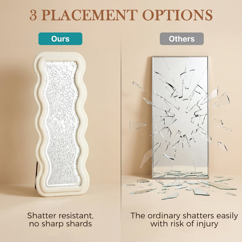 Comparison image showing the shatter-resistant glass beside an ordinary mirror that has shattered