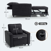 3 in 1 Convertible Sleeper Chair Sofa Bed Single Seat For Guest Room Or Lounge Black Homcom