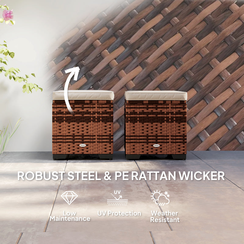 Set of 2 Rattan Storage Ottomans with Cushions for Garden Balcony and Indoor Use Beige by Outsunny