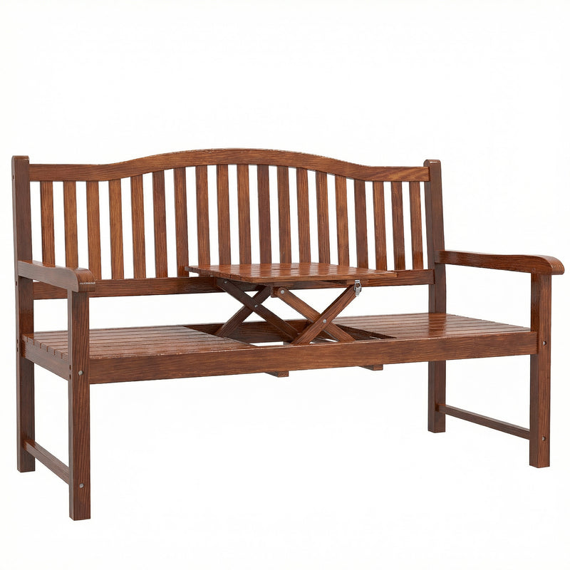 Convertible Wooden Garden Bench With Lift-Up Table and Weatherproof Cover Light Brown Outsunny