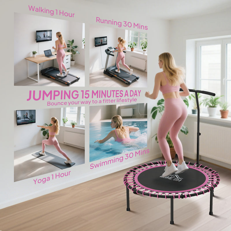 HOMCOM Mini Round Steel Frame Trampoline w/ Adjustable Handle, Pink