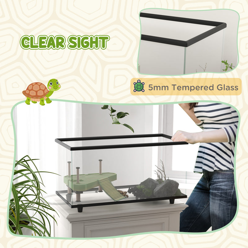 50L Glass Turtle Tank Aquarium with Basking Platform and Easy Drainage Feature, Black