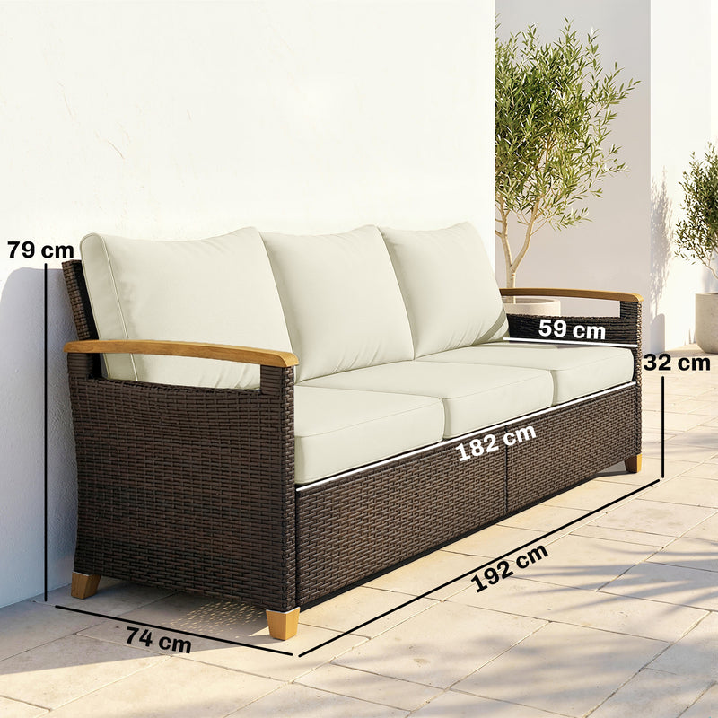 3 Seater Brown Rattan Garden Sofa with Deep Cushions & Removable Covers Outsunny