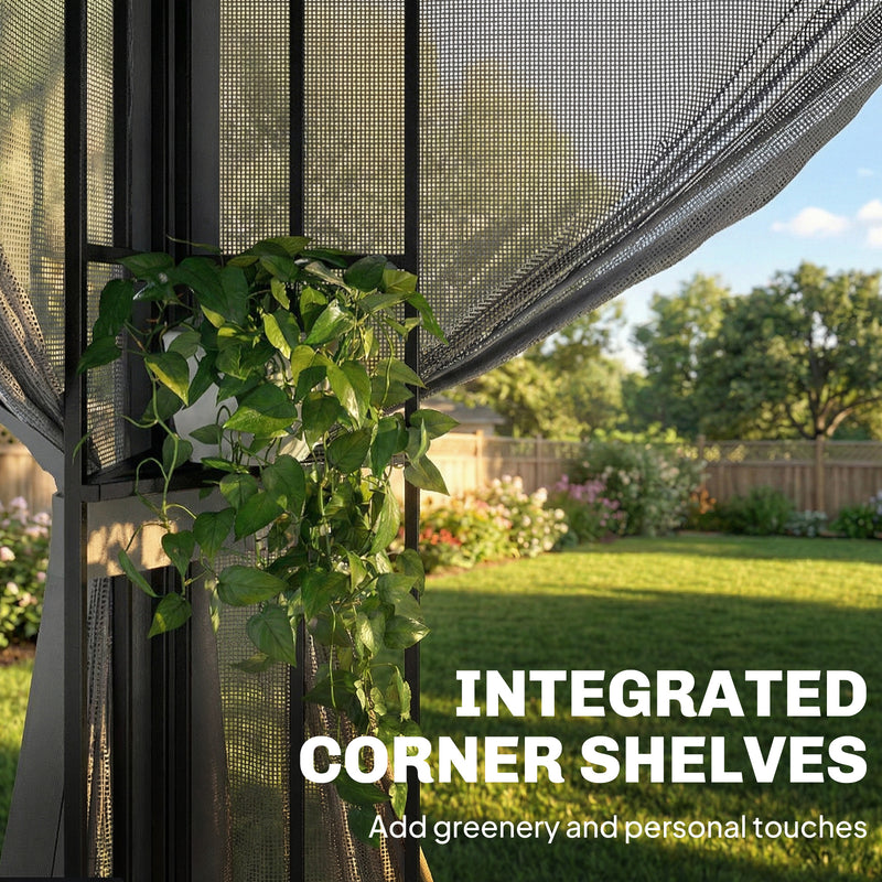 3x3.6m Metal Garden Gazebo with 2-Tier Roof and Mesh Panels for Cool Shaded Outdoor Seating, Dark Grey Outsunny