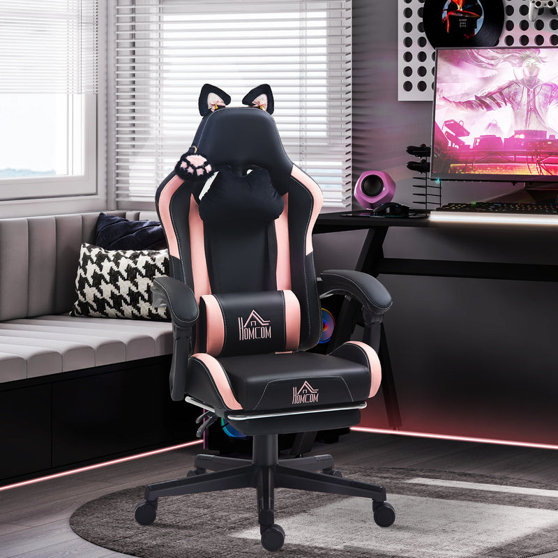Reclining Gaming  Chair with Cat Ears Footrest and Paw Design for Home or Gaming, Black and Pink