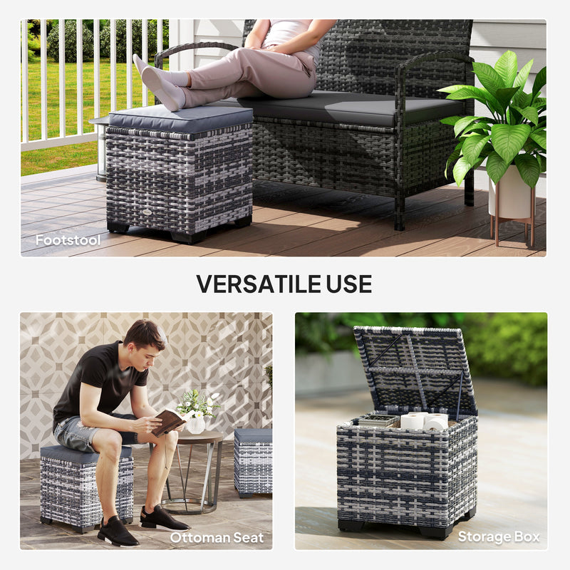 Set of 2 Rattan Storage Ottomans with Cushions for Garden Balcony and Living Room Dark Grey by Outsunny